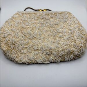 1960s Walborg white beaded clutch purse with gold tone metal top!